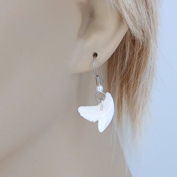 Earrings Tiger Shark Tooth Genuine Shark Teeth Dangle Ear Wires Silver or Gold - Picture 4 of 6